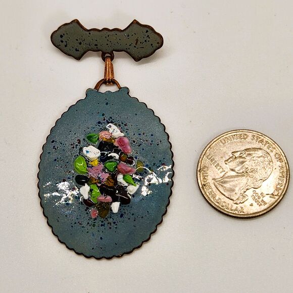 Large Copper Enamel Brooch Pin Bar Medal Medallion Shape w Glass Frit w Box VTG - Picture 2 of 5